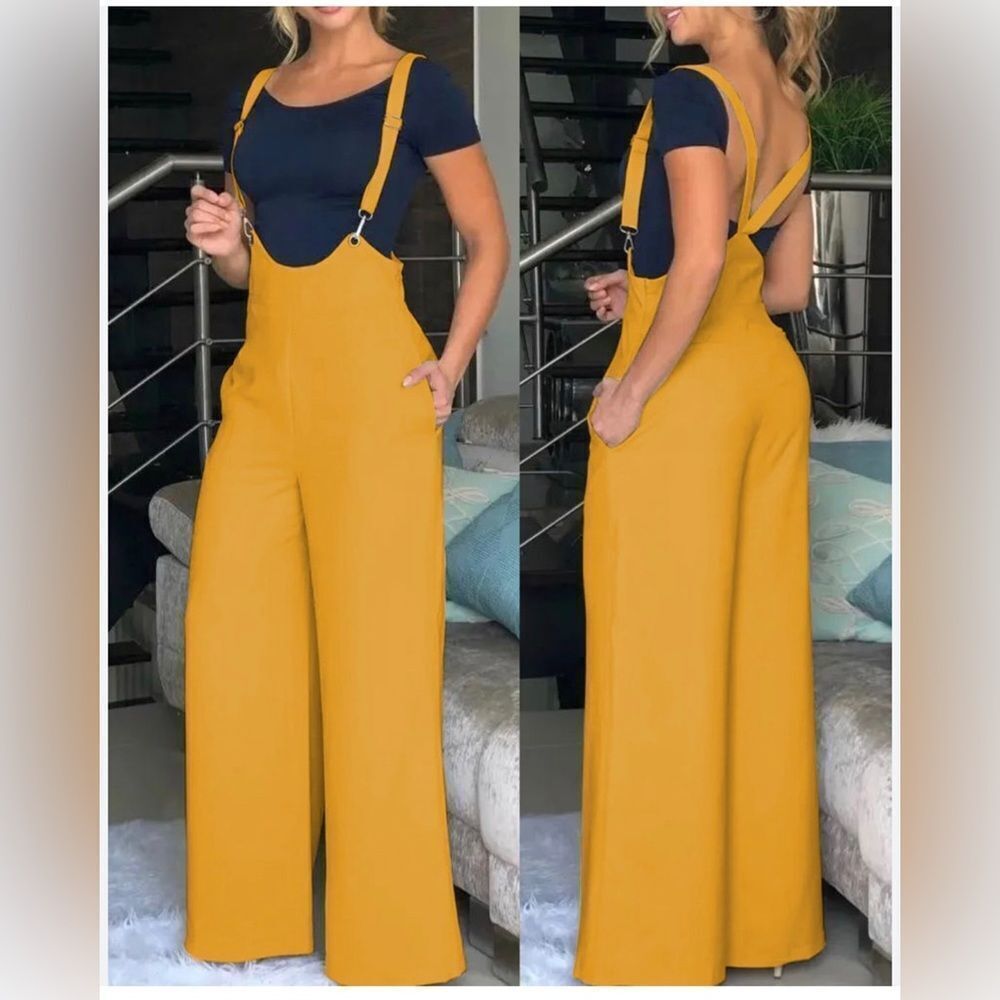 Mustard Yellow Wide Leg Suspender Jumpsuit